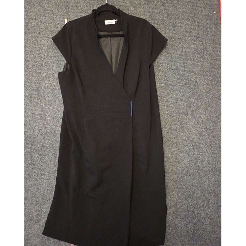 Calvin Klein Dress Womens M Black V Neck Cap Sleeve Wrap Sheath Knee Length